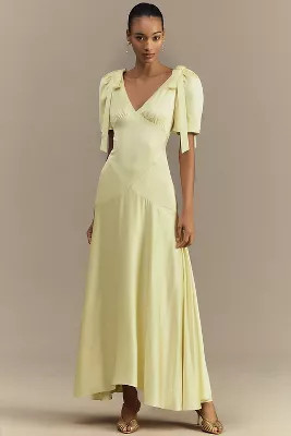 Mare Mare Bree Puff-Sleeve V-Neck Satin Slip Midi Dress | Anthropologie (US)