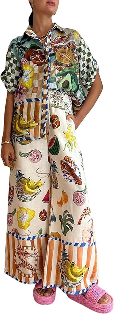 Perbai Womens Summer Print 2 Piece Linen Sets Boho Short Sleeve Button Shirt Wide Leg Pants Outfi... | Amazon (US)
