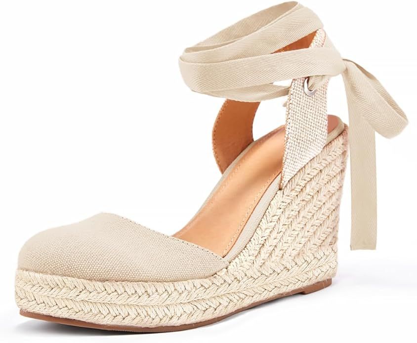Ermonn Womens Espadrilles Wedge Sandals Platform Closed Toe Ankle Strap Lace Up Summer Shoes | Amazon (US)