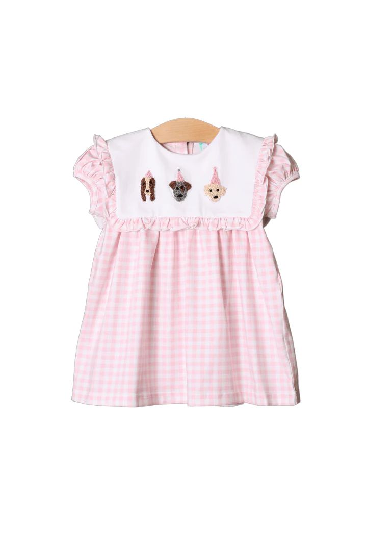 French Knot Birthday Party Pups Pink Gingham Dress | The Smocked Flamingo