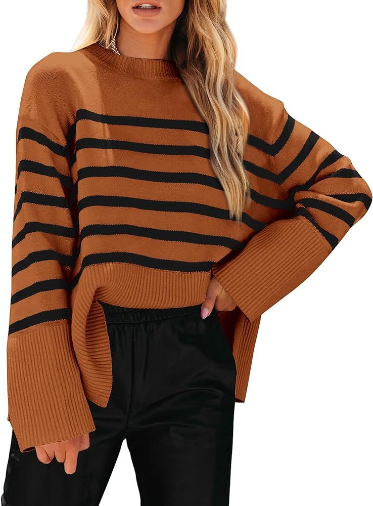 PRETTYGARDEN Women's 2024 Fall Striped Sweater Oversized Long Sleeve Crew Neck Side Slit Casual T... | Amazon (US)