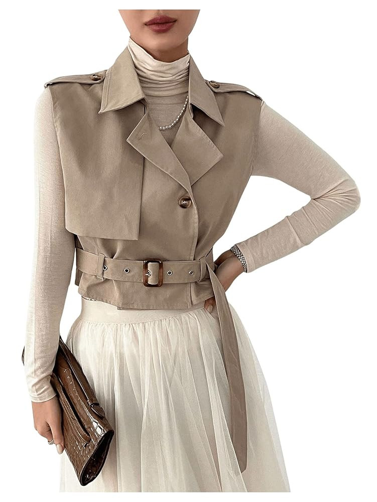 WDIRARA Women's Lapel Collar Sleeveless Belted Cropped Trench Coat Sleeveless Vest Coat | Amazon (US)