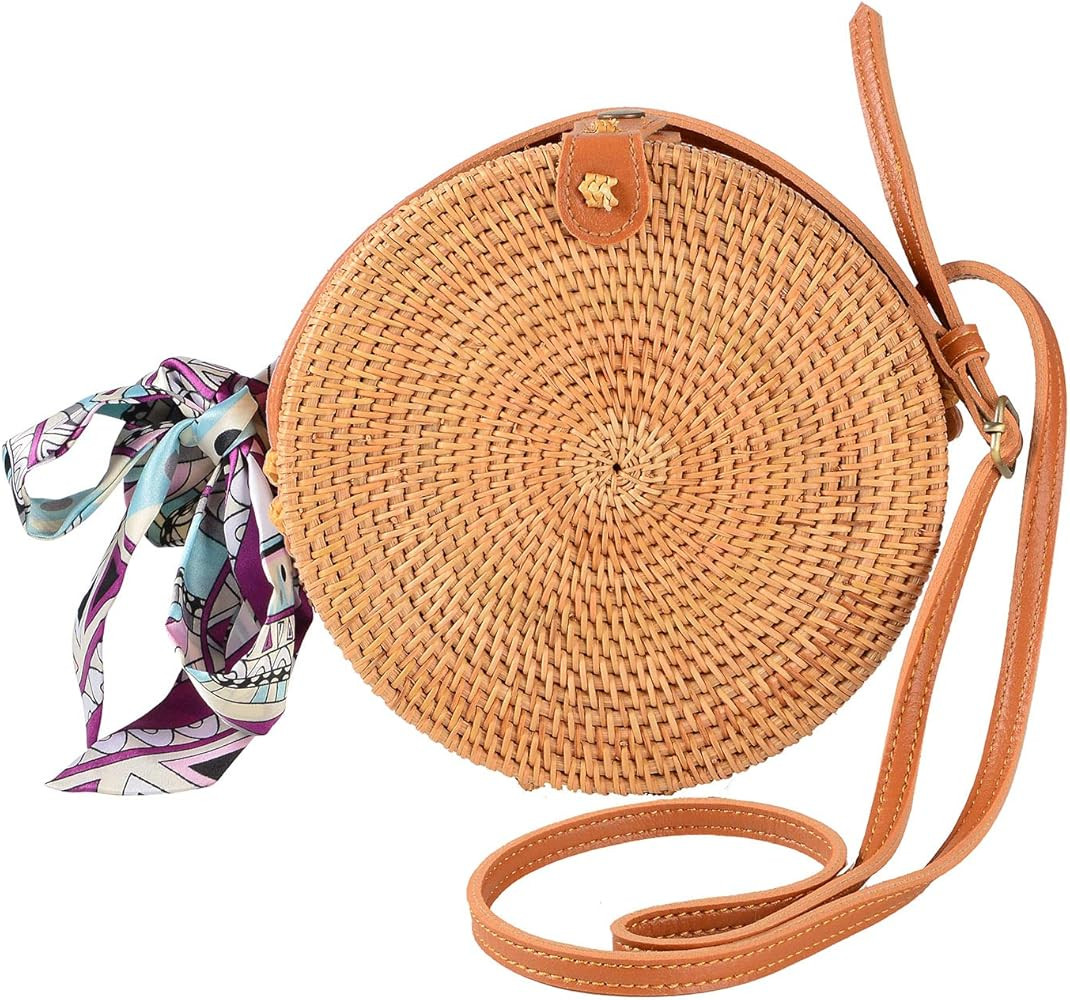 Round Rattan Bags Woman Handwoven Straw Purse Bag Crossbody Shoulder Leather Straps Natural Chic | Amazon (US)