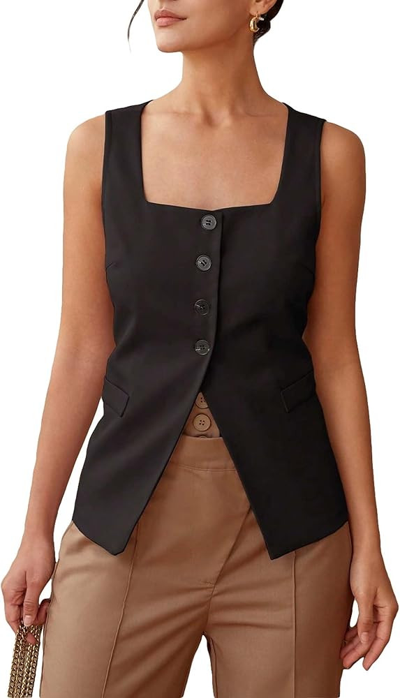 Mian Self 2024 Womens' Summer Sleeveless Vest Square Neck Solid Color Waistcoat Single Breasted C... | Amazon (US)