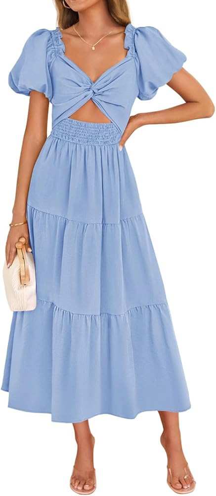 ZESICA Womens Summer 2025 Boho Vacation Dress Short Puff Sleeve Flowy Smocked Cutout A Line Beach... | Amazon (US)