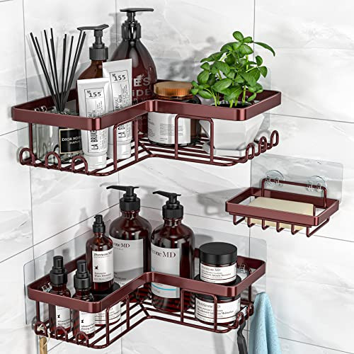 YASONIC Corner Shower Caddy, 3-Pack Adhesive Shower Caddy with Soap Holder and 12 Hooks, Rustproof Stainless Steel, No Drilling Wall Mounted Rack Organizer, for Bathroom, Bronze | Amazon (US)