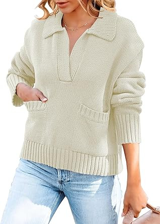 Caracilia Women's Long Sleeve Lapel Collar V Neck Pullover Casual Ribbed Knit Sweaters Fall Winte... | Amazon (US)