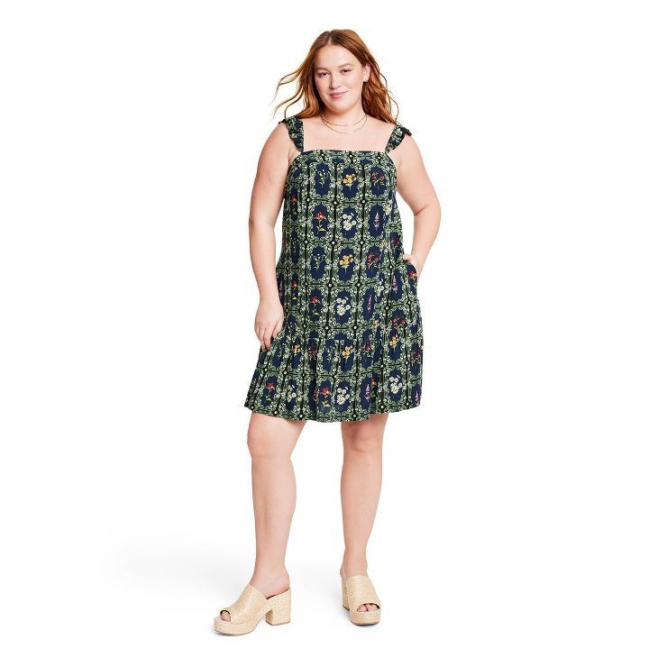 Women's Dainty Floral Tile Print Flutter Sleeve Mini Dress - Agua Bendita x Target Navy | Target
