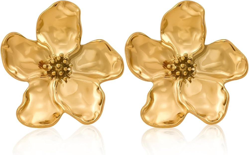 Gold Flower Earrings for Women Cute Flower Stud Earrings Trendy Chunky Statement Earrings Floral ... | Amazon (US)