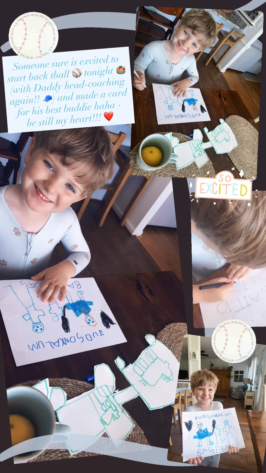 Someone sure is excited to start back tball ⚾️ tonight 🏟️ (with Daddy head-coaching again!! 🧢) and made a card for his best buddie haha - be still my heart!!! ❤️
