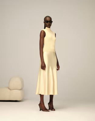 ARRANGE knit drop waist midi dress with satin skirt in buttermilk | ASOS (Global)