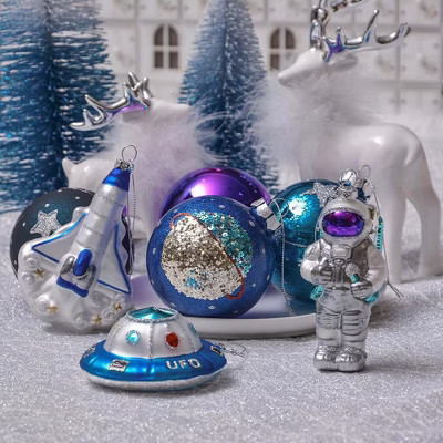 8pc Galactic Space Theme Glass Ornament Bundle, Purple Star Pattern Baubles, Astronaut, Spaceship, and UFO Decorations| OrnamentallyYou | Target