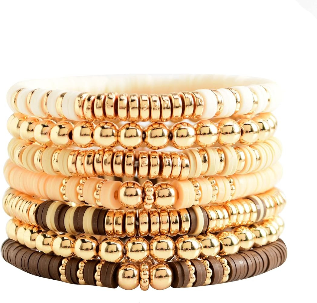 GOOJIDS Surfer Heishi Clay Bead Bracelets for Women Bohemian Stackable Evil Eye Vinyl Disc Beaded St | Amazon (US)