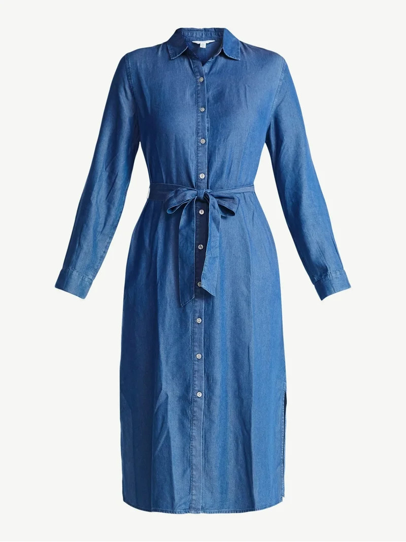 Time and Tru Women's Midi Shirt Dress with Long Sleeves, Sizes XS-XXXL | Walmart (US)