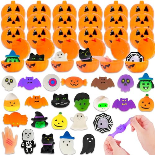 48 Pcs Halloween Mochi Toys Bulk with 24pcs Pumpkin Boxes/Jars for Halloween Party Favors, Classroom Carnival Game Prizes, Treat Bags Gifts, Stress Reliever Anxiety Toys | Amazon (US)