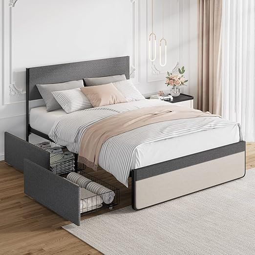 Amyove Queen Size Bed Frame with 2 Storage Drawers, Grey Platform Upholstered Bed Frame with Head... | Amazon (US)