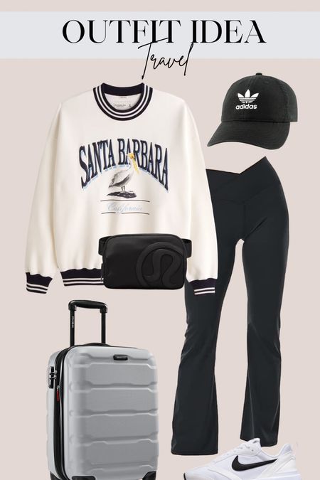 Outfit idea - travel. 

Graphic sweatshirt - crewneck - leggings - carry on luggage - adidas hat - belt bag - Lululemon - Nike sneakers 

#LTKunder100 #LTKtravel #LTKstyletip