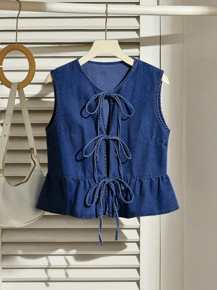 Comfortcana Women's Casual Denim Vest With Tie-Up Bow, Ruffle Hem And Blue Color | SHEIN