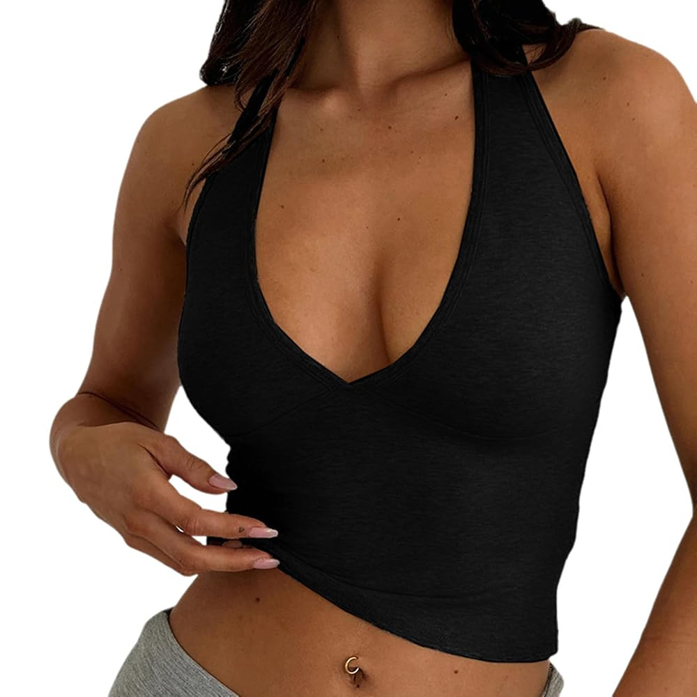 ENFUSO Women's Casual Halter Neck Draped Front Backless Tank Top,V-Neck,Black | Amazon (US)