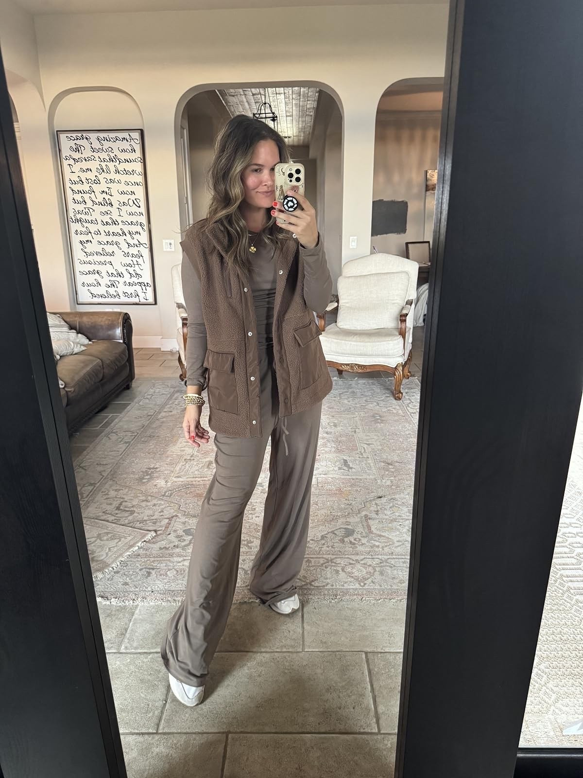 Amazon really came through with this cozy fall outfit!! 🤎 The matching lounge set is cute on its own, but adding the sherpa vest and New Balance sneakers makes it perfect for school pickup, errands, and busy mom days!

Amazon matching set, brown lounge set, sherpa fleece vest, New Balance 327 sneakers, cozy fall outfit, Amazon fall fashion, wide leg pants, fall athleisure, casual mom outfit, fall layering, everyday fall style, JulieFranks