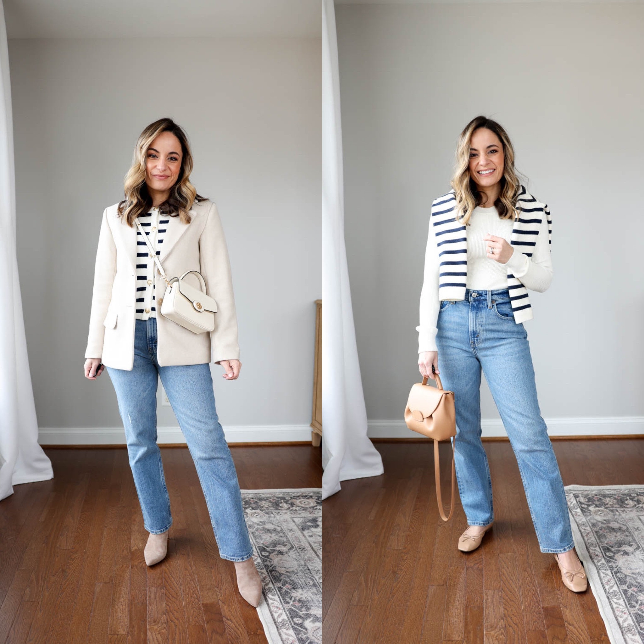 8 items 10 casual outfits! 

Abercrombie jeans: wearing in 24 extra short in “medium” 
Madewell Jeans: wearing in petite 24 
J.crew Juliette Sweater: xxs 
Abercrombie Dad Coat: petite xxs (I cuff the sleeves under) 
Abercrombie Blazer Coat: petite xxs 
J.Crew Emilie Sweater: xs (size up) 
Abercrombie ottoman top: xs 
J.Crew Perfect Shirt (in black): xs 

Shoes are all tts 
Tan bag is from polene and can’t be linked through LTK (it’s the un nano in textured tan 


My measurements for reference: 4’10” 105lbs bust, waist, hips 32”, 24”, 35” size 5 shoe 