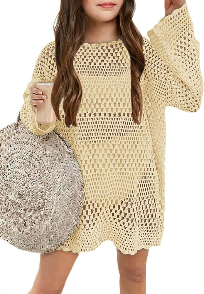 Batermoon Girls Crochet Long Sleeve Swimsuit Cover Up Kids Fashion Hollow Out Swimwear Beach Dres... | Amazon (US)