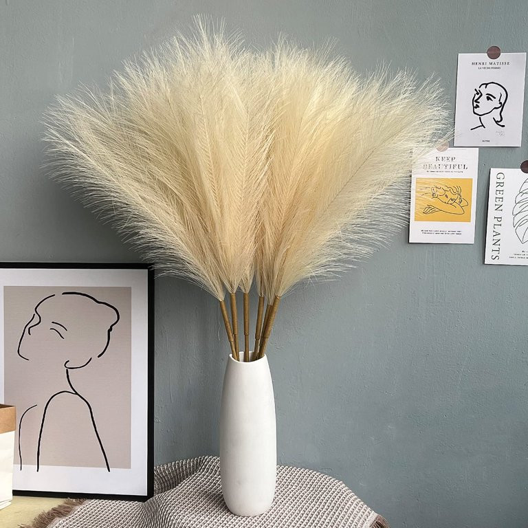 Pampas Grass Decor-Faux Pampas Grass Small 28"-2 in 1 Combination 6 Stems Pampas Floral (Beige) | Walmart (US)