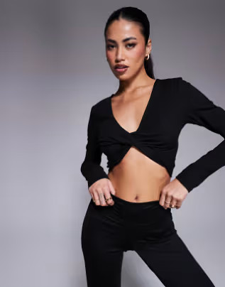 4505 soft touch twist front long sleeve crop t-shirt in black | ASOS (Global)
