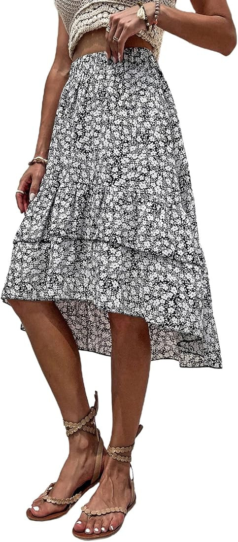 WDIRARA Women's Floral Print Ruffle Hem Elastic High Waist Tie Front Skirt | Amazon (US)