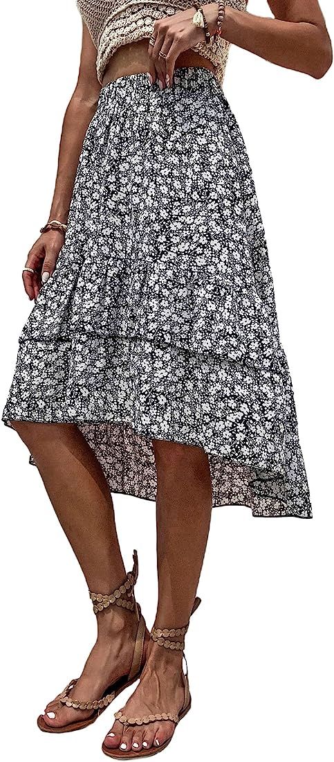 WDIRARA Women's Floral Print Ruffle Hem Elastic High Waist Tie Front Skirt | Amazon (US)