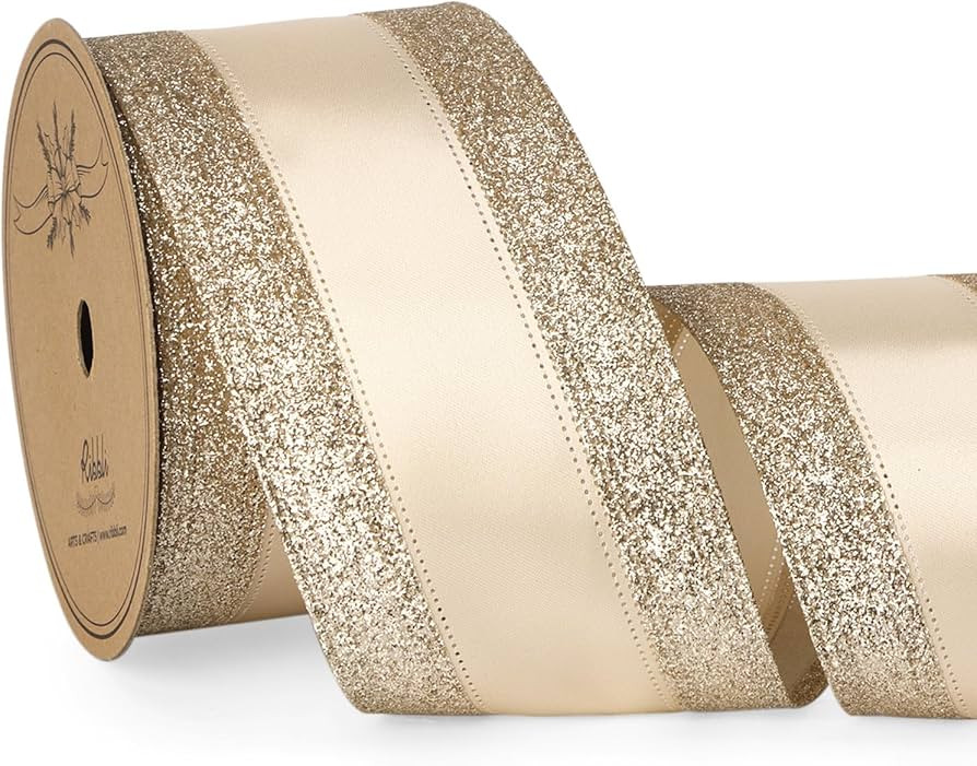 Ribbli Champagne Gold Wired Ribbon Satin with Glitter Edge 2.5 Inch Champagne Christmas Ribbon fo... | Amazon (US)