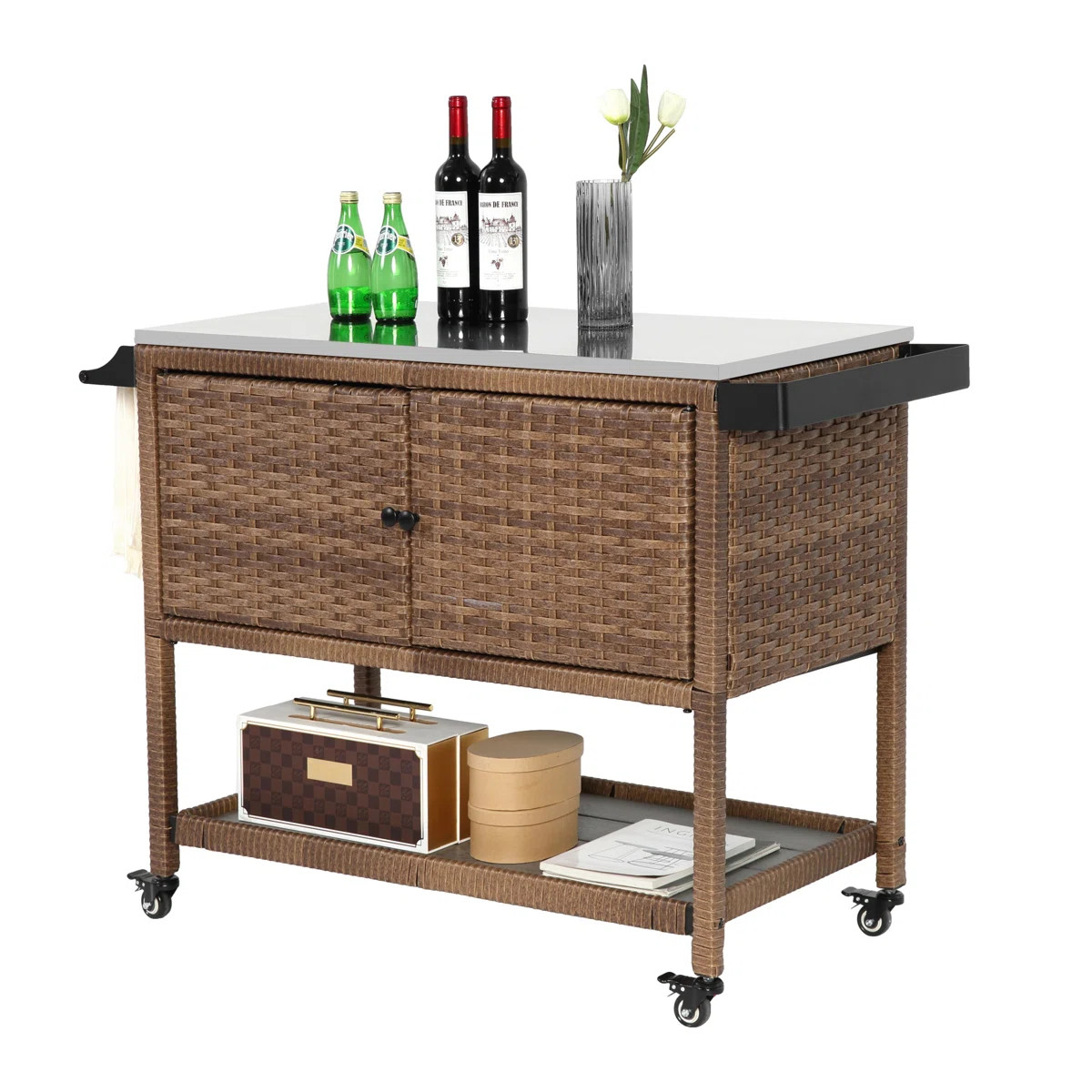 Outdoor Wicker Bar Cart, Patio Wine Serving Cart W/Wheels, Rolling Rattan Beverage Bar Counter Ta... | Wayfair North America