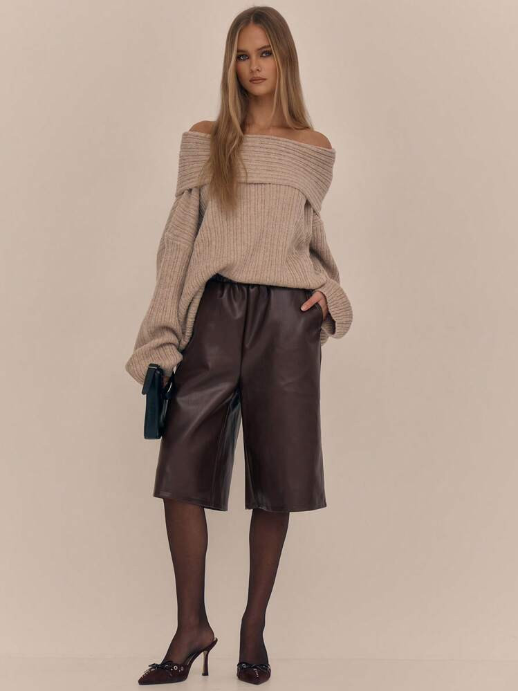 Brown Faux Leather Long Shorts | SHEIN