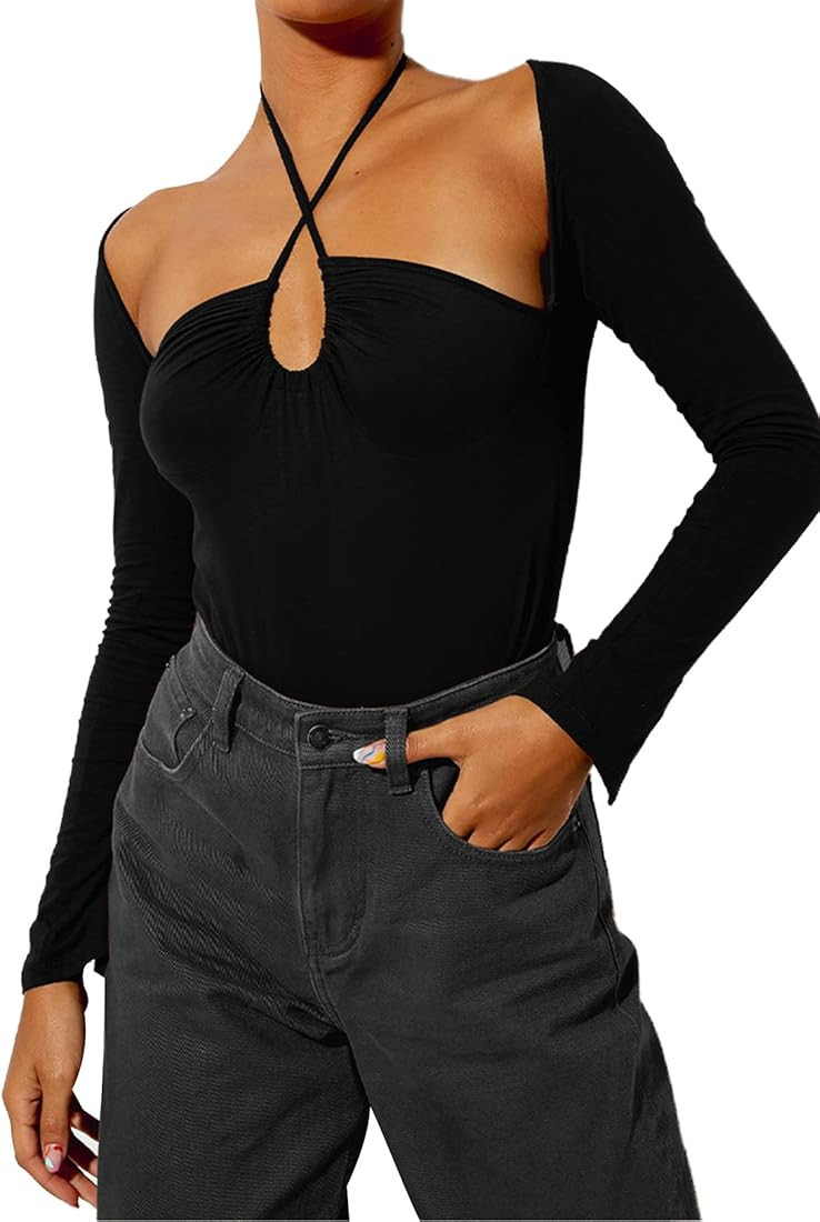 LYANER Women's Criss Cross Halter Neck Cut Out Long Sleeve Ruched T-Shirt Tee Top | Amazon (US)