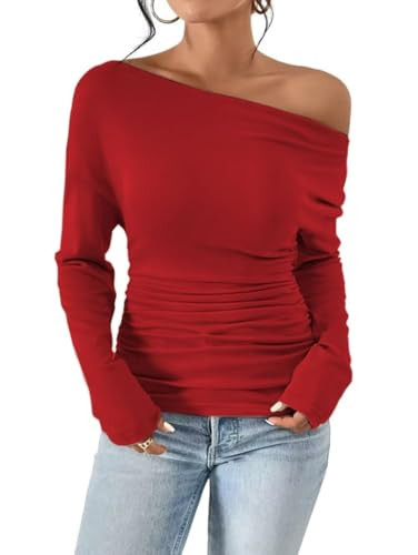 VKEGNIO Women's Off Shoulder Tops Fashion Long Sleeve Shirts Boat Neck Casual Pullover Tunic Tops... | Amazon (US)