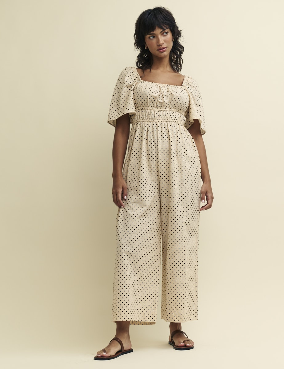 Cream Polkadot Linen-blend Jumpsuit | Nobody's Child