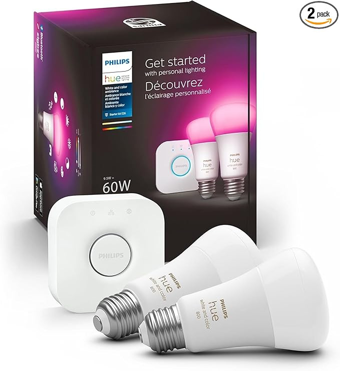 Philips Hue Smart Light Starter Kit - Includes (1) Bridge and (2) 60W A19 LED Bulb, White and Col... | Amazon (US)