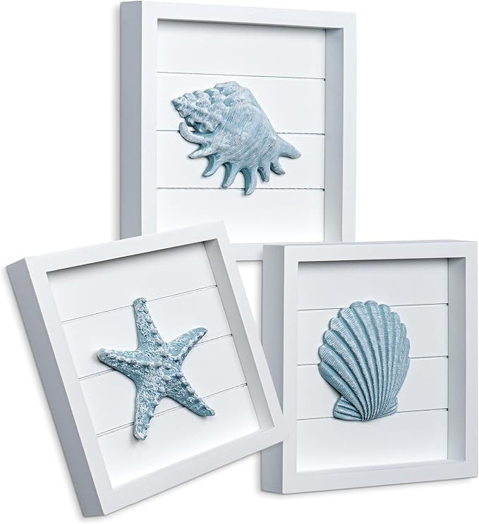 TideAndTales Blue Seashells and Starfish (Framed Set of 3) Coastal 3D Wall Art, Beach Wall Decor ... | Amazon (US)