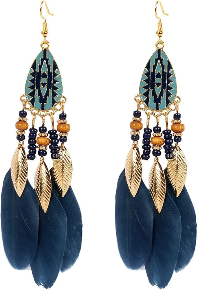 MALOYANVE Punk Vintage Long Tassel Feather Earrings for Women Bohemian Handmade Natural Pendant E... | Amazon (US)