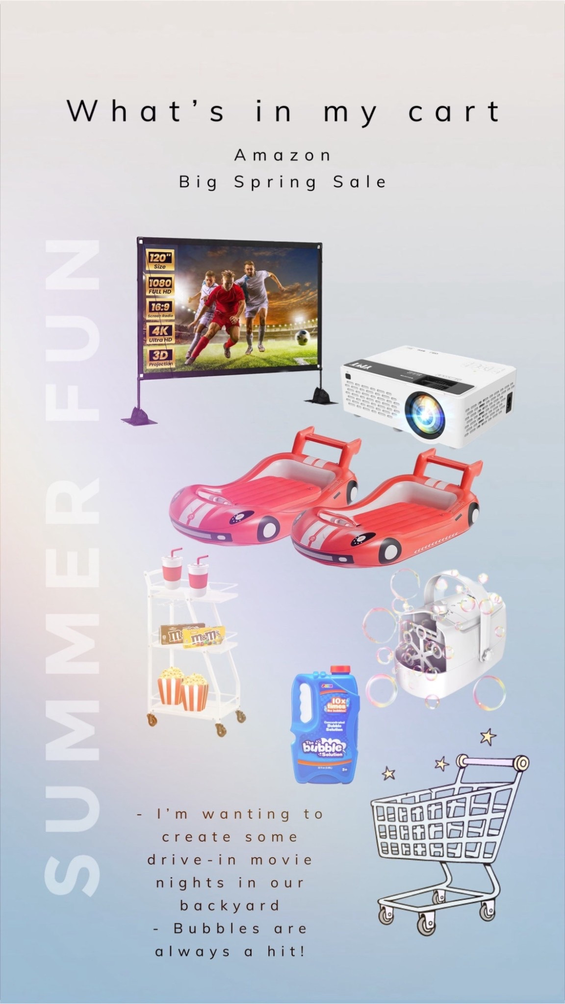 What’s in my cart 🛒 Amazon Spring Sale!
Summertime is coming, and I’m wanting to create some drive-in movie nights in our backyard! And bubbles are always extra fun! ￼

#LTKHome #LTKSeasonal #LTKKids