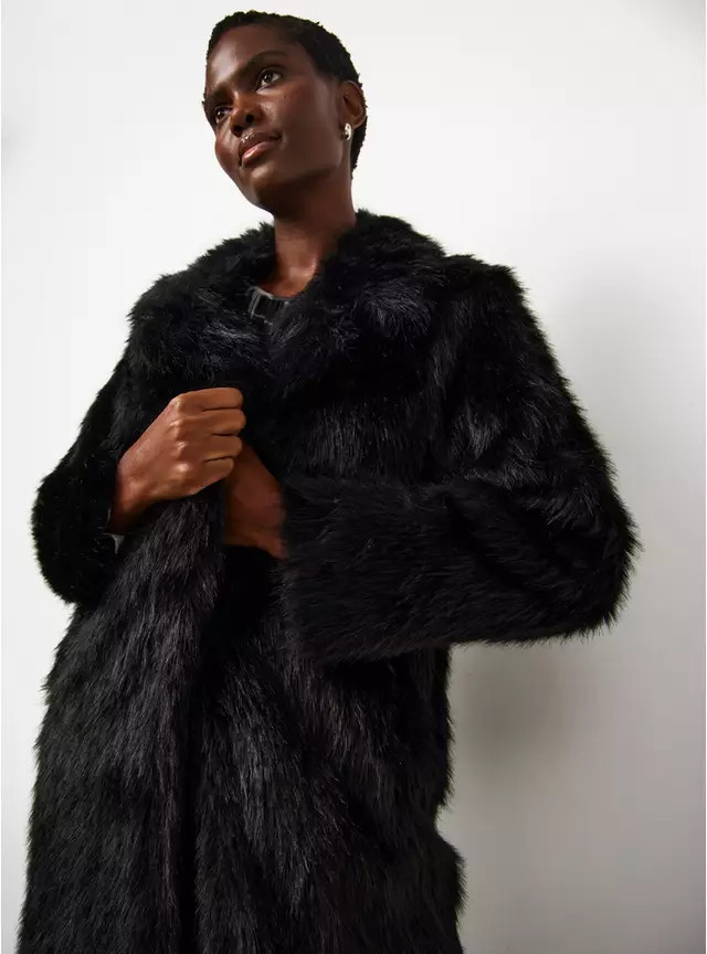 Black Faux Fur Longline Coat S | Tu Clothing