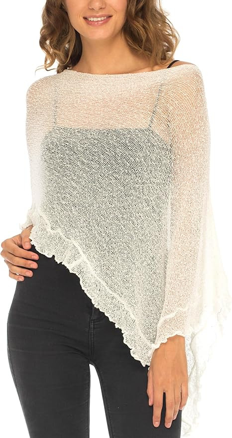SHU-SHI Women’s Sheer Knit Poncho Shrug Lightweight Asymmetrical Ruffle Wrap Dressy Summer Shaw... | Amazon (US)