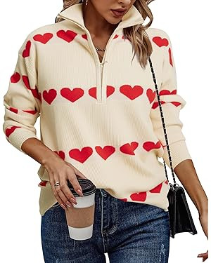 Heart Sweater for Women V Neck Valentines Sweatshirt Quarter Zip Pullover Ribbed Knitted Sweaters... | Amazon (US)