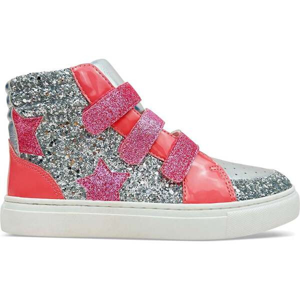Miss Hannah Glitter Double-Velcro High-Top Sneaker, Pink And Silver | Maisonette