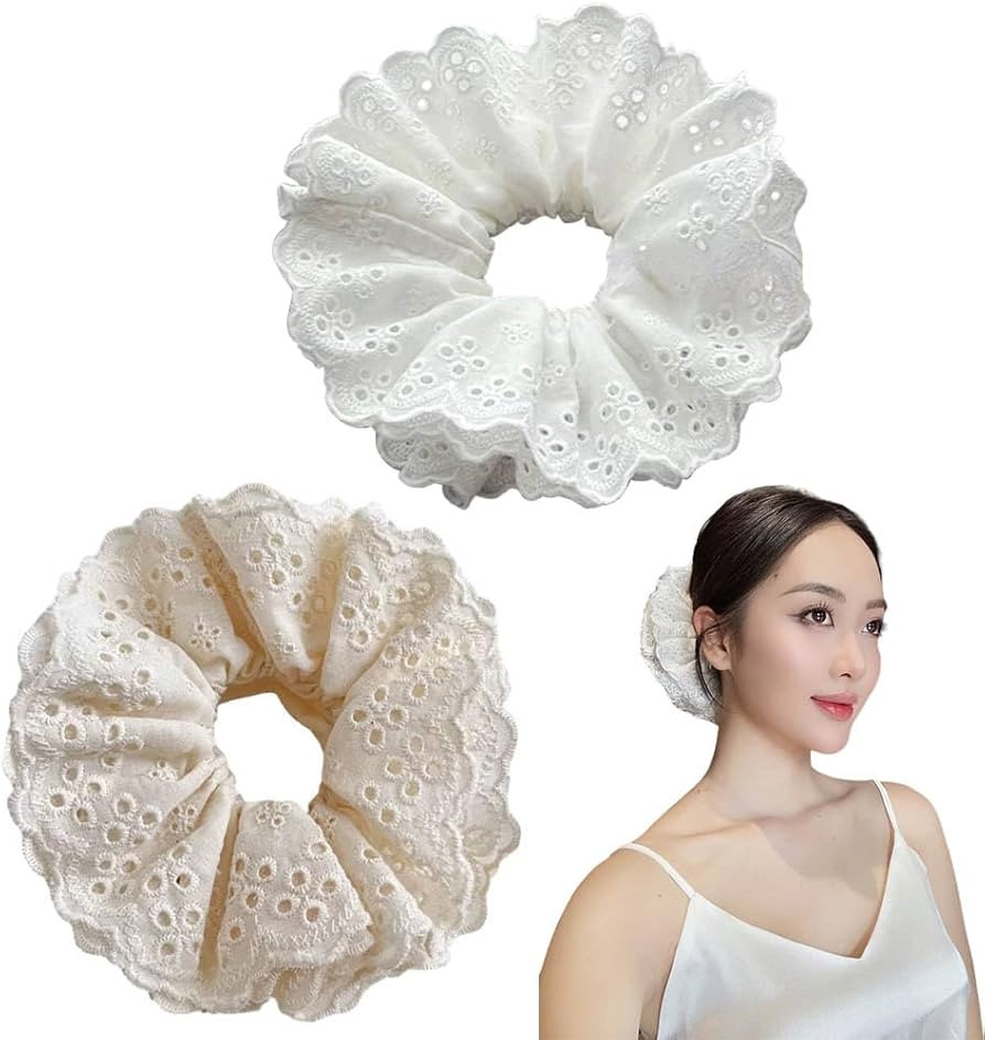 White Lace Scrunchie Hair Tie, Eyelet Design, Elastic Ponytail Holder for Women and Girls (Four H... | Amazon (US)