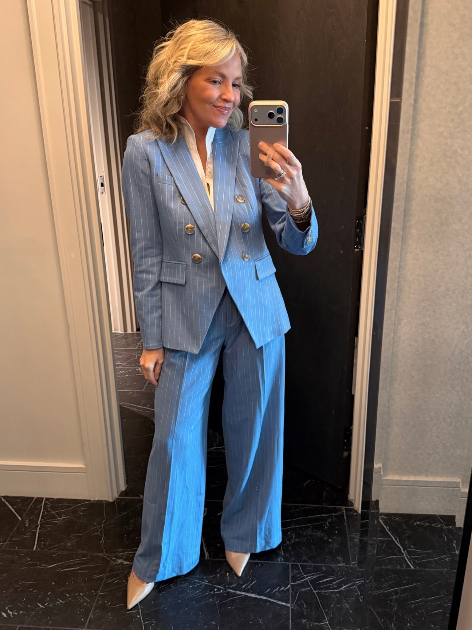 Nobody makes a power suit like Veronica Beard!  Always an investment piece(s), but always worth it when you feel like a million bucks. 

This one is on sale and I’ve linked several others that are on sale right now too (up to 40% off so good time to take advantage and add one to your wardrobe)!  

I wear a 0 in their blazers and I had to go down to a 00 in these pants and they required hemming because they were way too long…so just fyi!