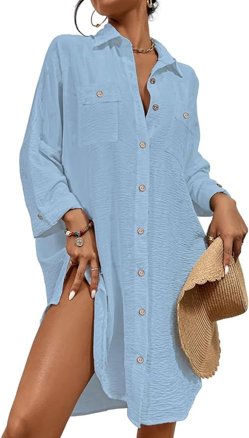 Bsubseach Womens Modern Swimsuit Cover Up Blouse Button Down Shirt Dresses Tops | Amazon (US)