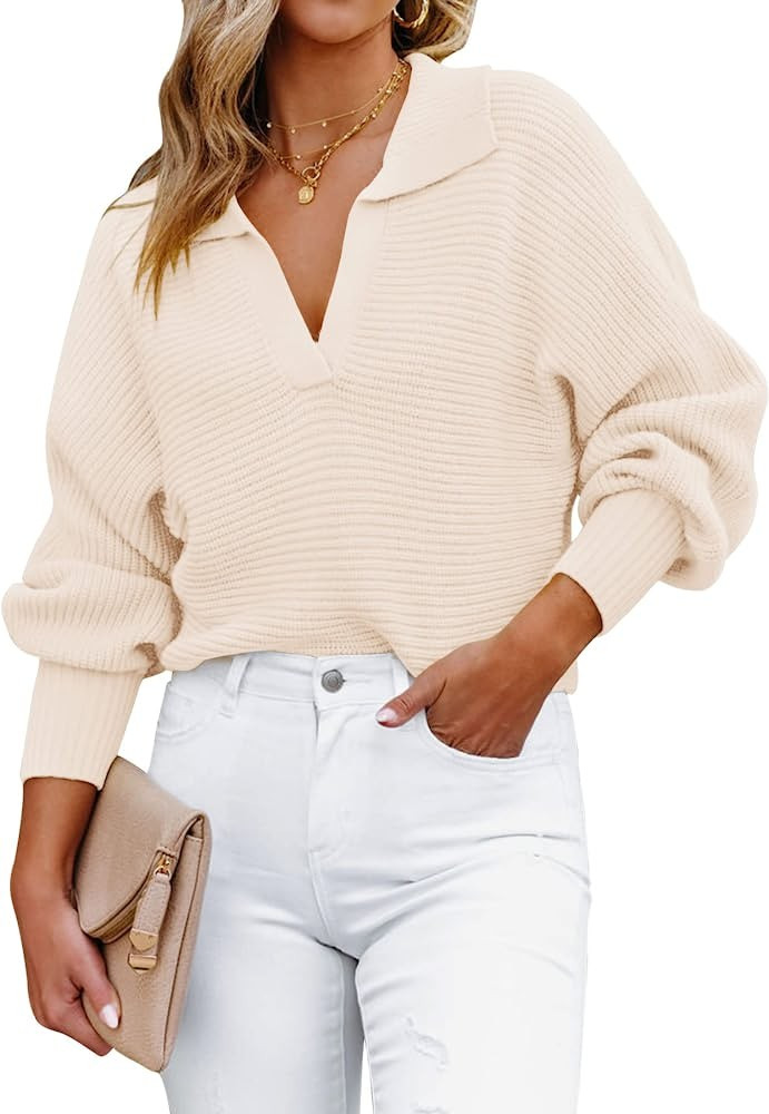 ZESICA Women's Fall Lapel Collar V Neck Long Sleeve Ribbed Knit Comfy Loose Casual Pullover Sweater  | Amazon (US)