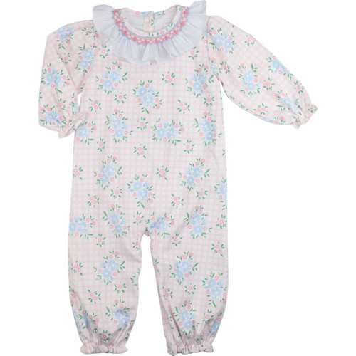 Pink And Blue Smocked Corduroy Floral Long Bubble | Cecil and Lou