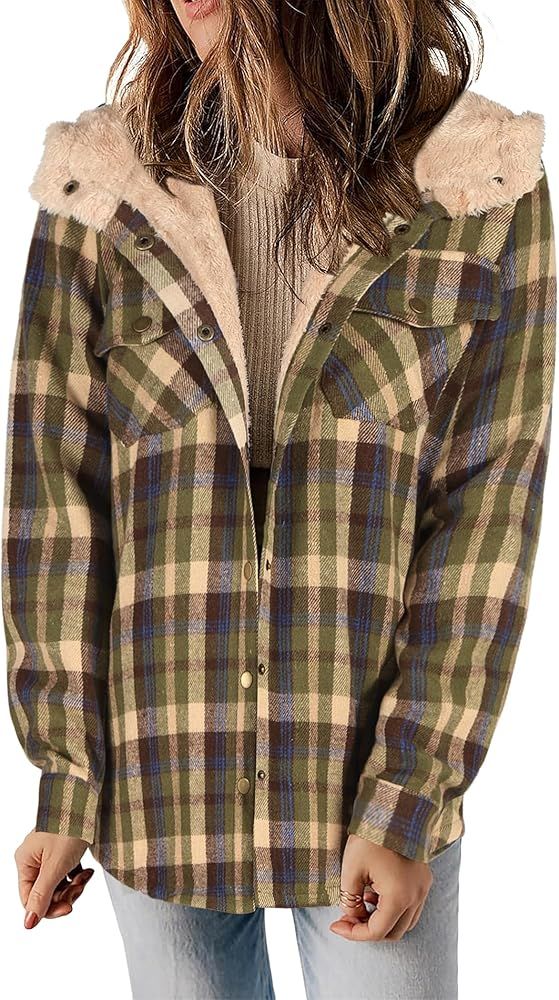 Zeagoo Womens Plaid Shacket Jacket Long Sleeve Button Down Fleece Hooded Jackets Warm Coat | Amazon (US)